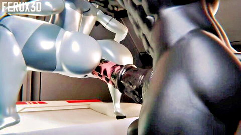 3D animated sci-fi sex: silver android fucked by black robot, Edi collects samples