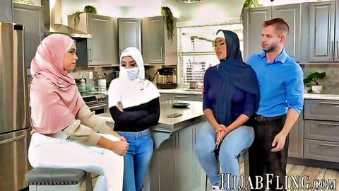 Sophia Leone and Violet in hijab kitchen flirt with man, Arab duo tease