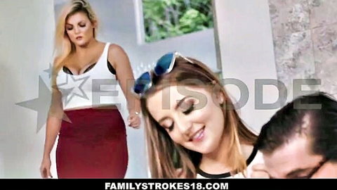 Busty blonde in white crop top and red skirt seduces with skinny brunette leaning over stepbro showing cleavage