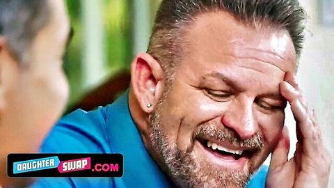 Handsome DILF stepdad laughs excitedly in taboo DaughterSwap scene