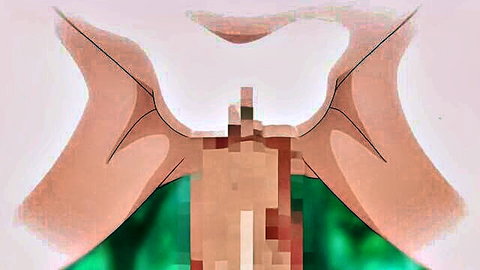 Anime hentai close-up of spread pink labia with tan skin tones and green background