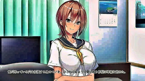 Busty anime schoolgirl with brown hair smiling in tight uniform