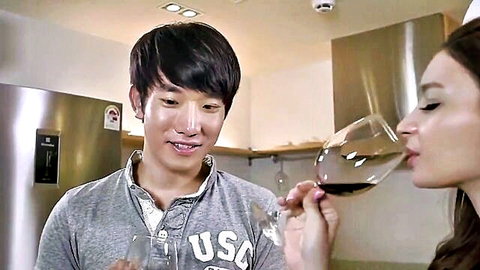 Smirnova Rina Russian brunette shares intimate wine sip with Korean guy