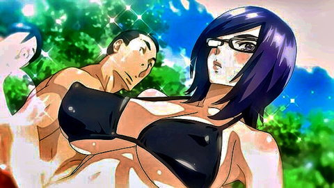 Purple-haired Asian woman with glasses in black bikini groped by man outdoors