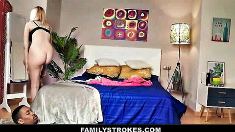 Naked blonde bends over exposing shaved pussy and ass to BBC guy's face on bed