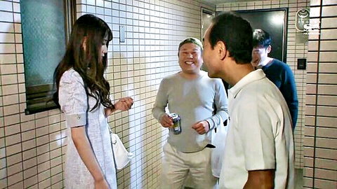 Japanese beauty in white dress chatting with older men, JAV style