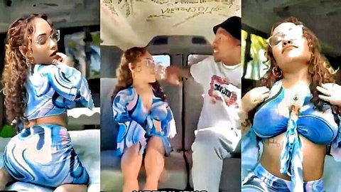 Curvy little person in tight blue outfit teasing in van with man