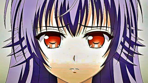 Anime hentai girl with long purple hair and glowing red eyes looking surprised