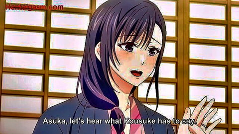 Anime office woman in suit speaking to Asuka in new hentai series