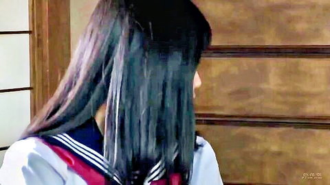 Japanese schoolgirl in sailor uniform, long black hair, seductive profile view