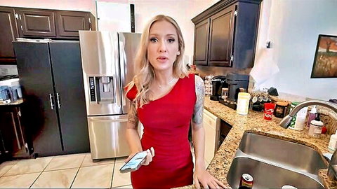 Reagan Lush in sexy red dress, teasing pose as stepmom