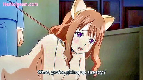 Submissive orange-haired catgirl on leash, nude hentai pose