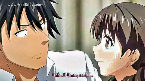 Anime schoolgirl shyly approaching her sensei in intimate hentai scene
