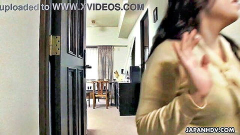 Japanese stepmom in beige top waving at door, JAV uncensored blowjob scene