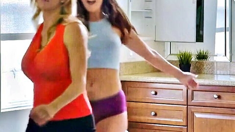Alexis Fawx MILF in red tank top and shorts with brunette partner, big tits visible