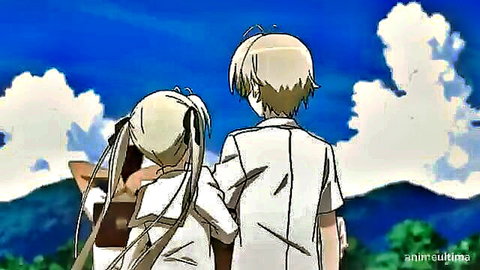 Anime brother and sister with white hair standing together overlooking mountains