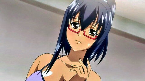 Seductive anime girl with glasses, dark ponytail, and cleavage in low-cut top