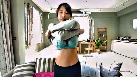 Slim Chinese girl exposing teal lace bra in time stop JAV scene