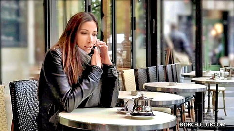 Claire Castel in sexy leather jacket at café, Dorcel Club