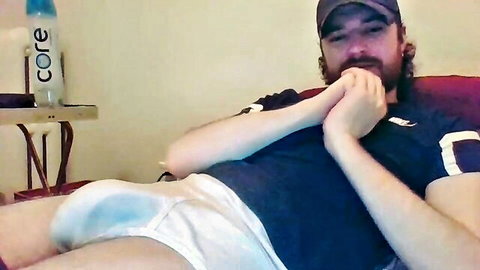 Hungsubbb brunette gay hunk teasing huge bulge in sheer white briefs solo