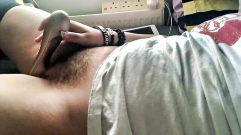 Amateur trans handjob with fleshlight on hard cock surrounded by bushy pubes