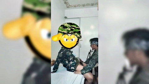 Blurry Filipino soldier couple in camo uniforms explicit bedroom encounter