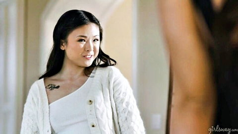 Jennie Rose smiling seductively in white one-shoulder sweater, GirlsWay solo tease