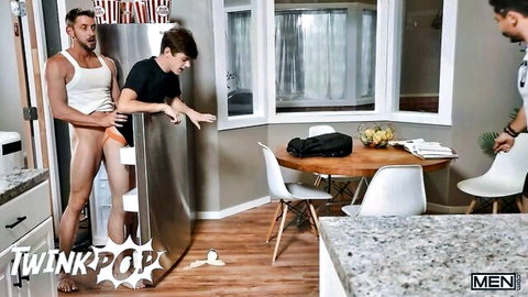Muscular stud with big erect cock grabs tight ass of young twink bent over kitchen fridge