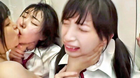 Three Japanese schoolgirls in uniforms passionately French kissing and choking in lesbian threesome mirror view