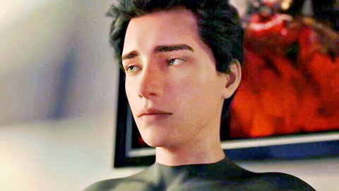 Handsome young stud in shiny black latex top gazes seductively in profile view