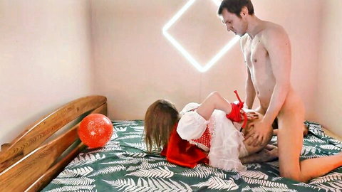 Hot cougar in red dress pounded in ass doggy style by stud, cumshot finish