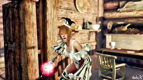 Fantasy jester elf with orange hair poses seductively in revealing white outfit