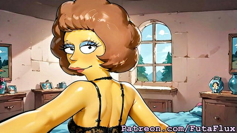 Shemale hentai Maude Flanders in black lingerie, curvy yellow-skinned cartoon babe posing seductively