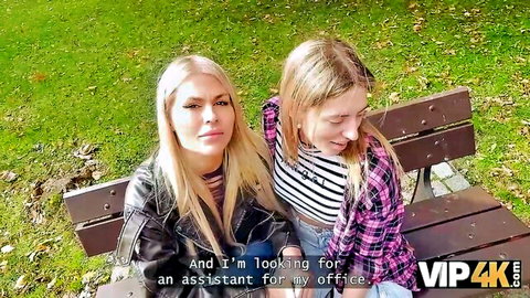 Zlata Shine and blonde friend on park bench seeking office assistant, VIP 4K