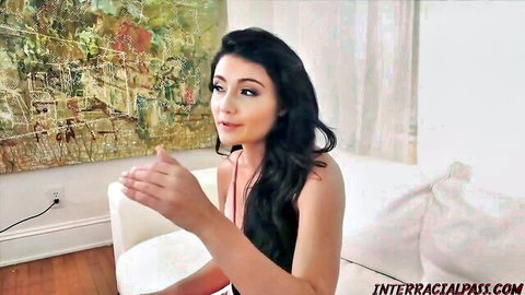 Adria Rae, petite brunette in sexy white top, teasing in adult interview