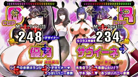 Two busty bunny girls in revealing outfits, DDR parody style
