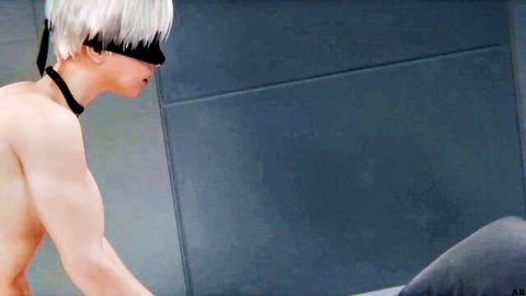 Blindfolded 9S shirtless in YoRHa bunker, creampie scene with 2B from Nier Automata