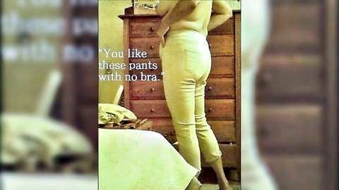 Topless sexy wife bends over in tight pants, no bra tease, cuckold encouragement