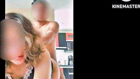 Blonde MILF in lace lingerie bending over nude in kitchen
