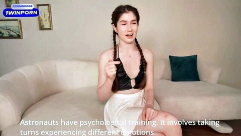 Brunette in black bralette and white skirt during wild rough casting interview