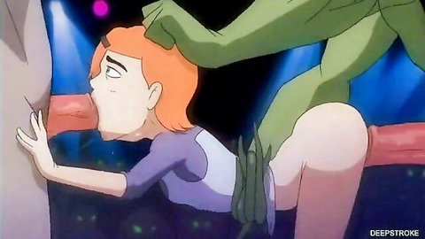 Anime redhead teen deepthroats massive red monster cock as green alien roughly grabs her head