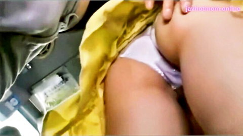 Japanese hotwife's pussy groped through white panties on crowded bus