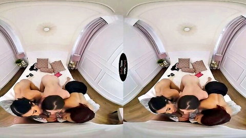 Brunette babes with big tits in VR foursome orgy piled on cock fucking intensely