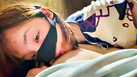 Blindfolded slim Asian teen Yuu exposing small breasts in amateur creampie scene