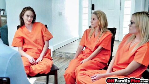 Lilly Ford and blonde inmates in orange jumpsuits prison roleplay