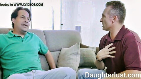 Two mature men in polo shirts talking on couch, taboo father-daughter lust setup