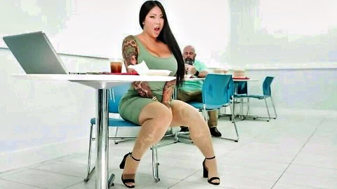 Curvy tattooed East Asian MILF in tight green dress spreading thick thighs at cafeteria table