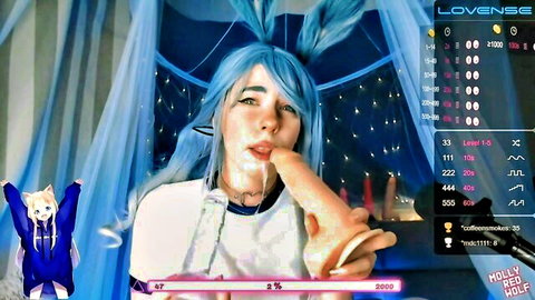 Blue-haired cosplay babe deepthroats huge pink dildo with sloppy saliva drool