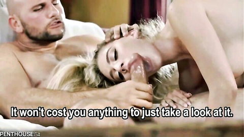 Blonde babe with huge tits deepthroating big cock while bald stud grabs her hair