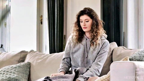 Candice Demeliza in gray hoodie, solo tease on couch